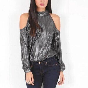 Torn by Ronny Kobo Metallic Silver Kiana Long Cold Shoulder Sleeve Body Suit